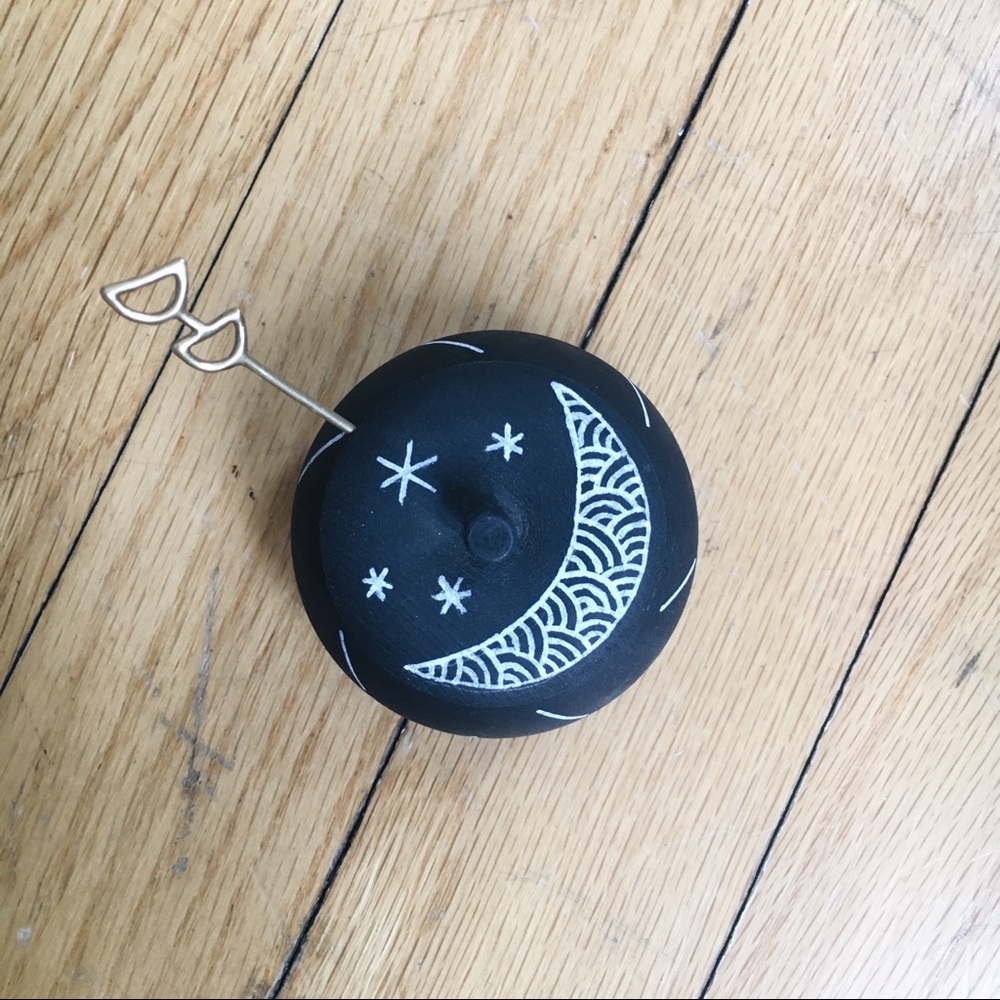 Hand painted wooden moon salt cellar + brass spoon